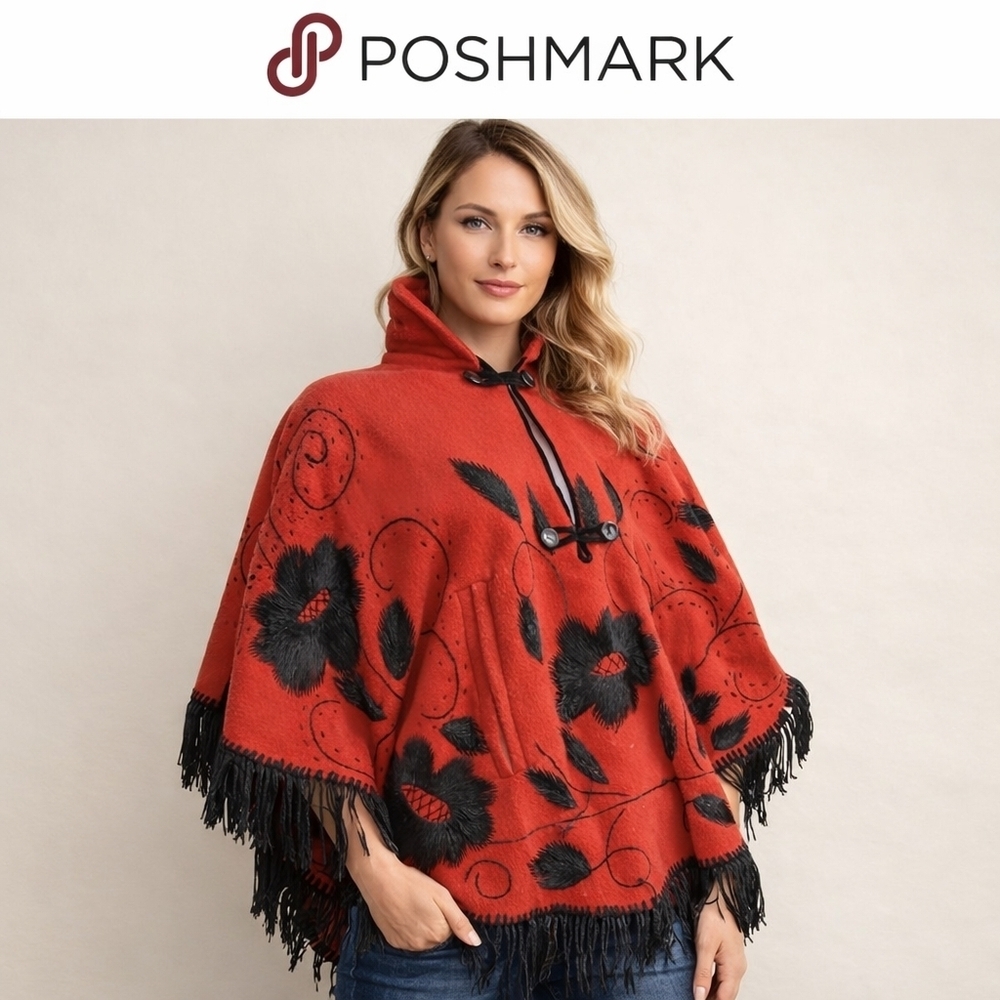 Handmade red vintage felted embroidered poncho / cape ONE SiZE.. fits plus